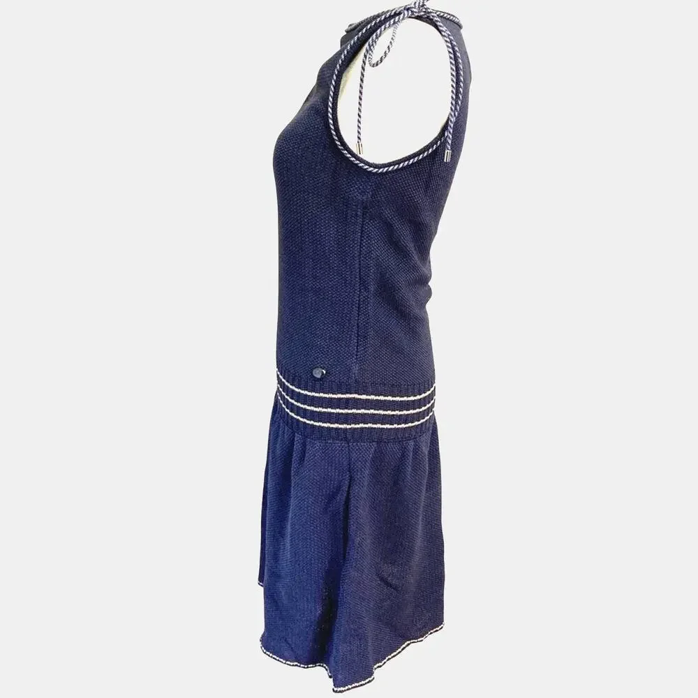 CHANEL Navy Blue Knit Yachting Dress FR 34 US 2 Cord Embellished Drop Waist CC